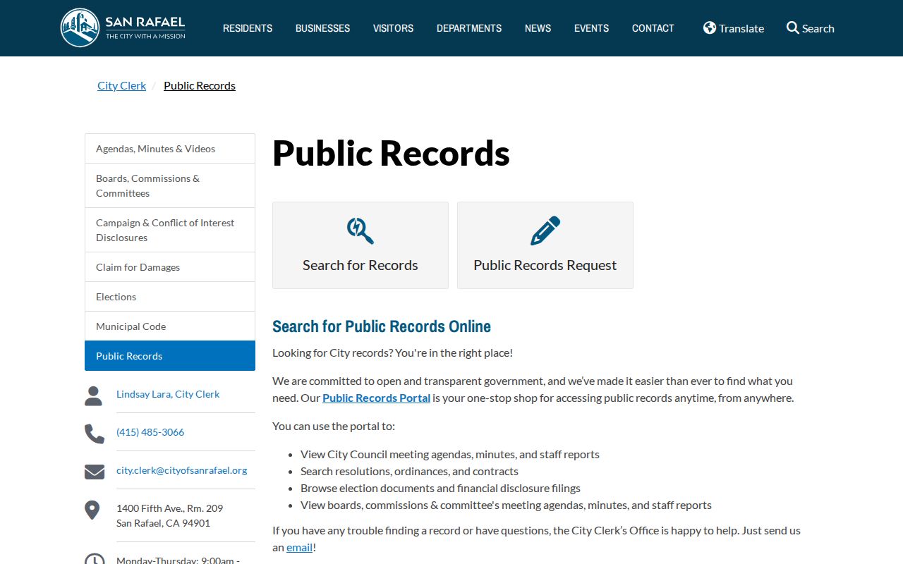 San Rafael people search through the City Clerk public records page