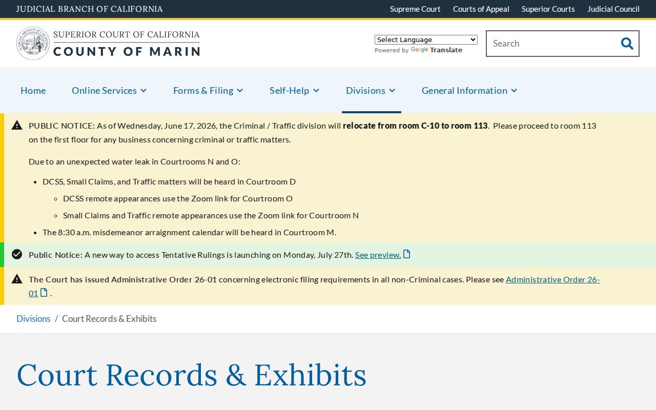 San Rafael public records Court Records and Exhibits request page