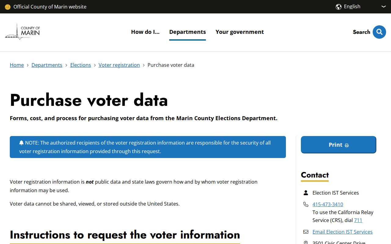 San Rafael voter registration records Marin voter data request page
