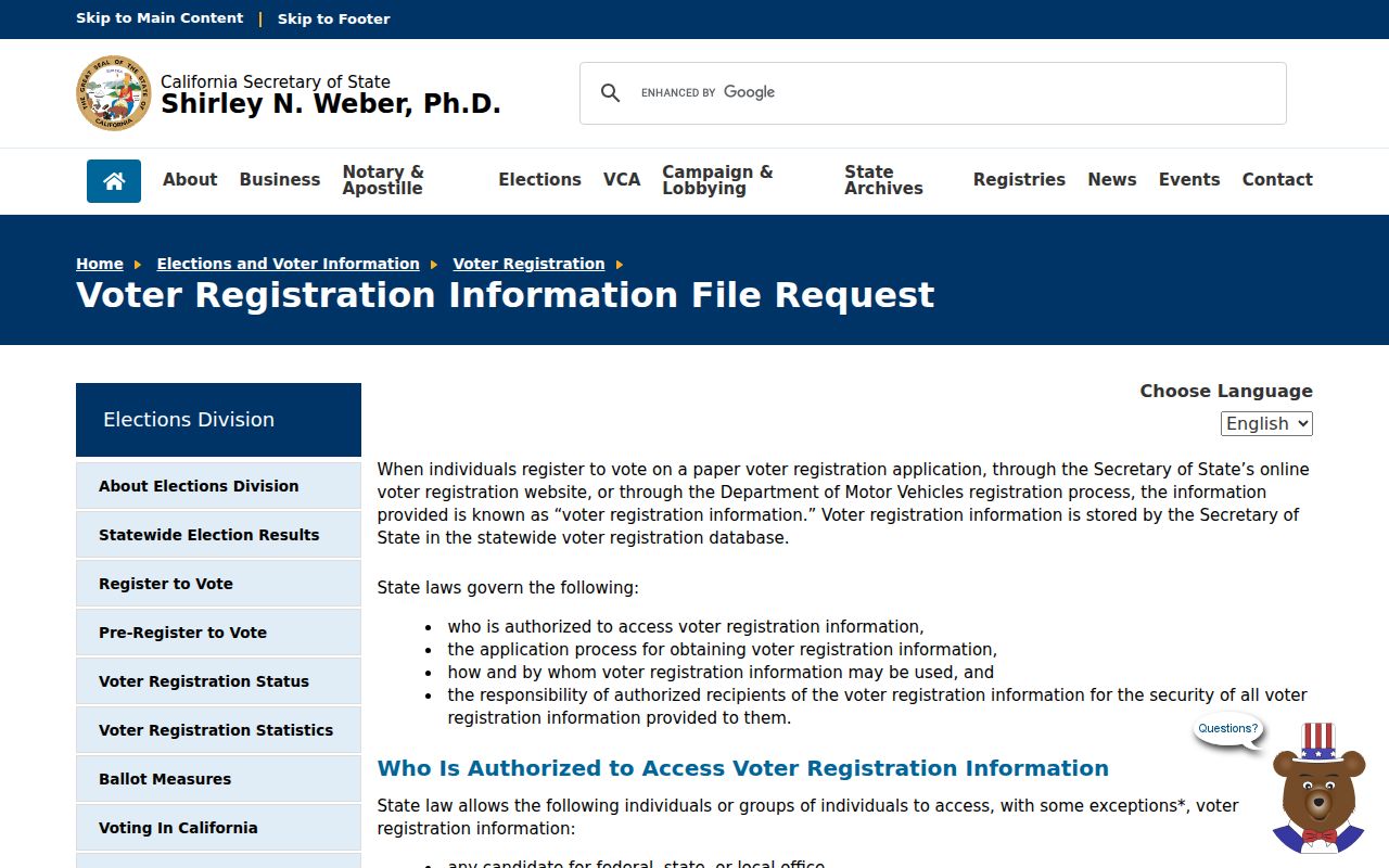 San Rafael voter registration records California statewide file request